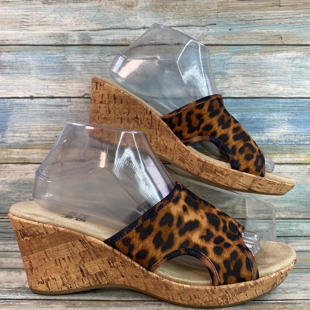 Impo stretch Evona brown leopard print wedge heel slide sandal.